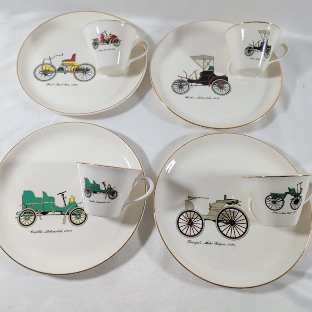 Salem 23K Gold Vintage Automobile Snack Set 4 Plates 4 Cups Mixed Pattern USA